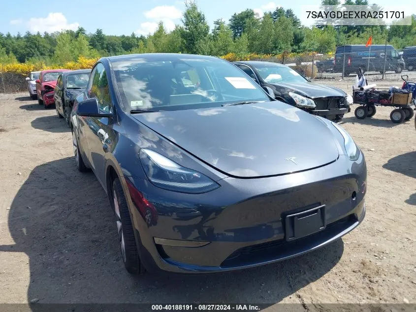 2024 Tesla Model Y Long Range Dual Motor All-Wheel Drive VIN: 7SAYGDEEXRA251701 Lot: 40188191