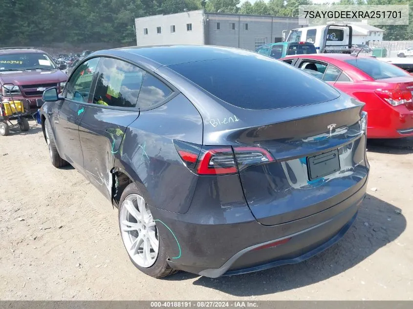 2024 Tesla Model Y Long Range Dual Motor All-Wheel Drive VIN: 7SAYGDEEXRA251701 Lot: 40188191