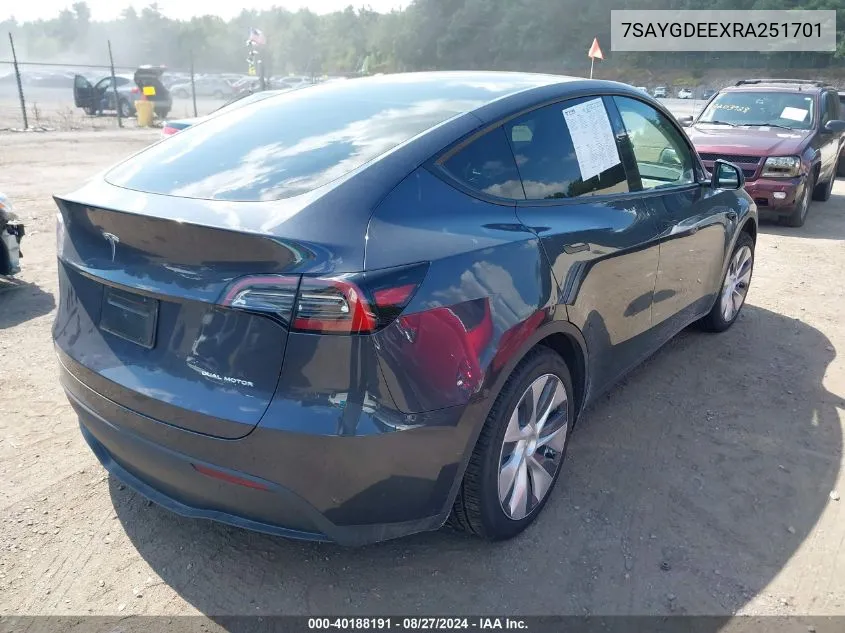 2024 Tesla Model Y Long Range Dual Motor All-Wheel Drive VIN: 7SAYGDEEXRA251701 Lot: 40188191