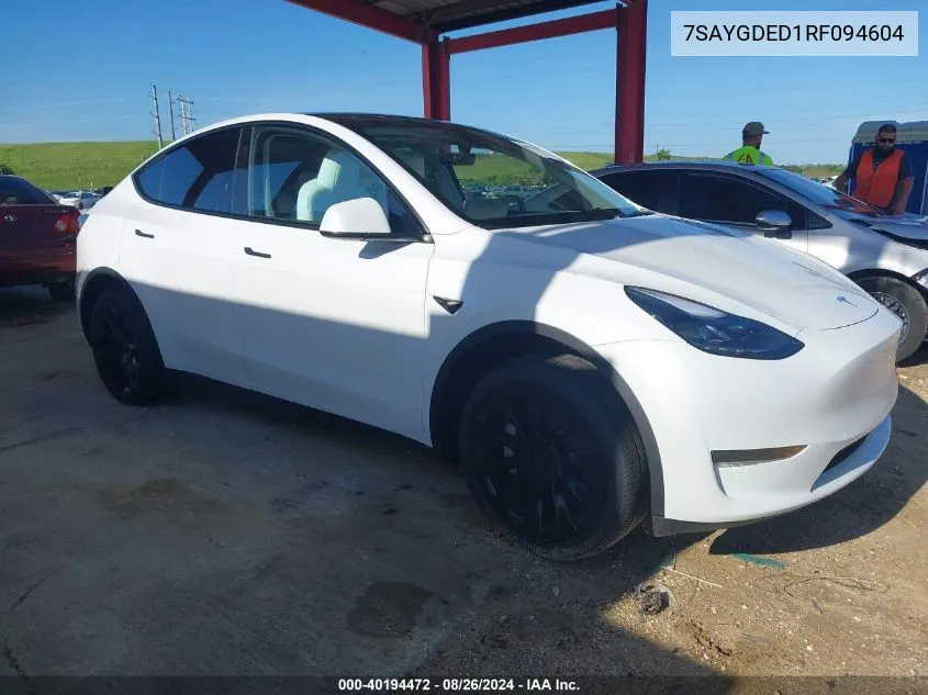 2024 Tesla Model Y Long Range Dual Motor All-Wheel Drive/Rwd VIN: 7SAYGDED1RF094604 Lot: 40194472