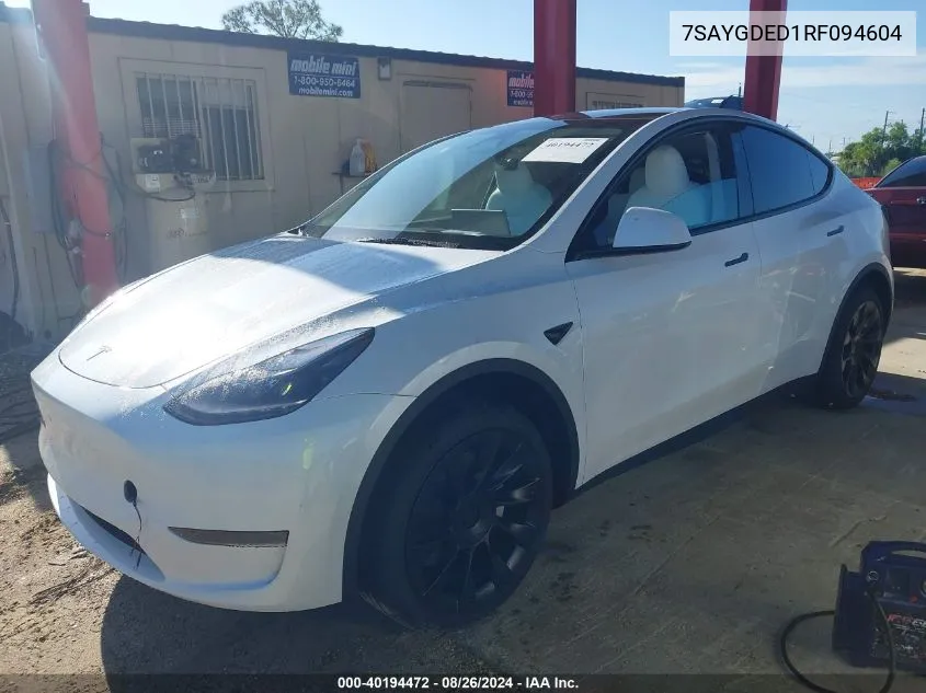 2024 Tesla Model Y Long Range Dual Motor All-Wheel Drive/Rwd VIN: 7SAYGDED1RF094604 Lot: 40194472