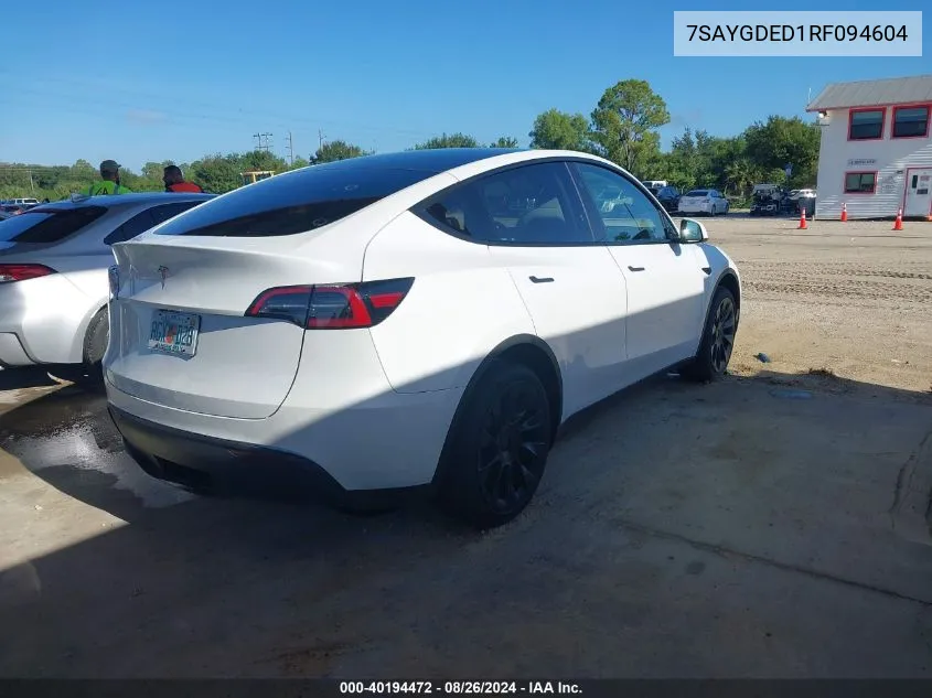 2024 Tesla Model Y Long Range Dual Motor All-Wheel Drive/Rwd VIN: 7SAYGDED1RF094604 Lot: 40194472