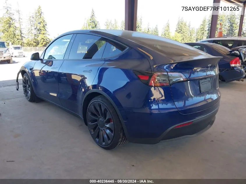 2024 Tesla Model Y Performance Dual Motor All-Wheel Drive VIN: 7SAYGDEF7RF101265 Lot: 40236445