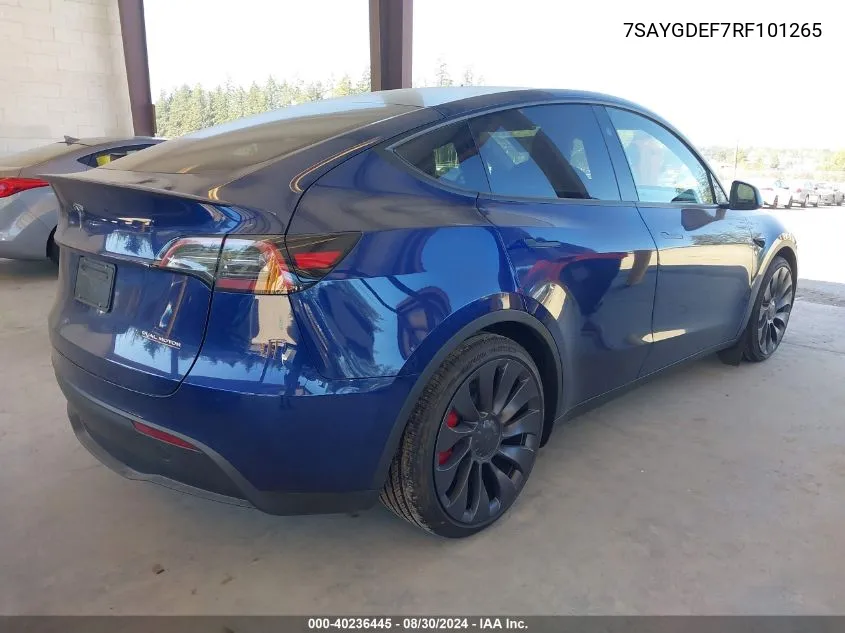 2024 Tesla Model Y Performance Dual Motor All-Wheel Drive VIN: 7SAYGDEF7RF101265 Lot: 40236445