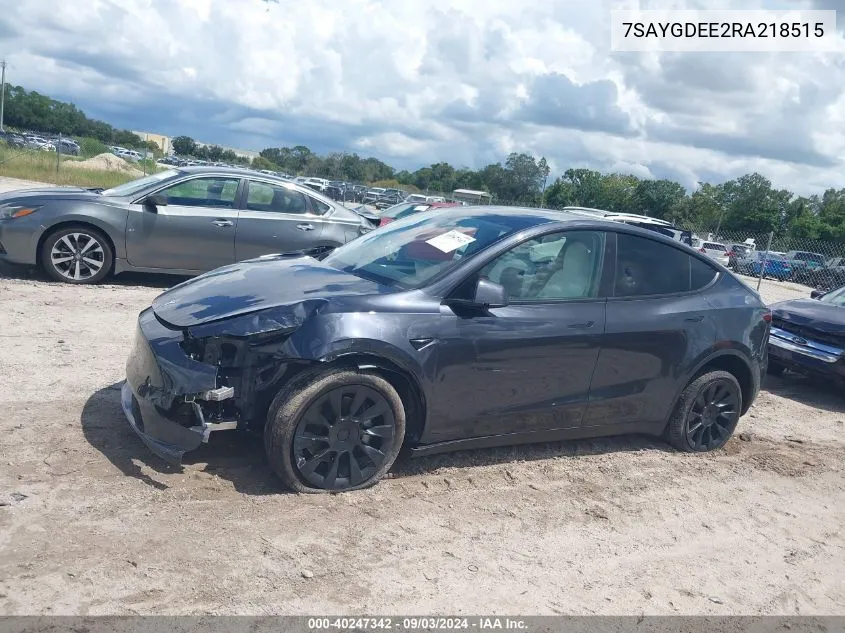 2024 Tesla Model Y Long Range Dual Motor All-Wheel Drive VIN: 7SAYGDEE2RA218515 Lot: 40247342