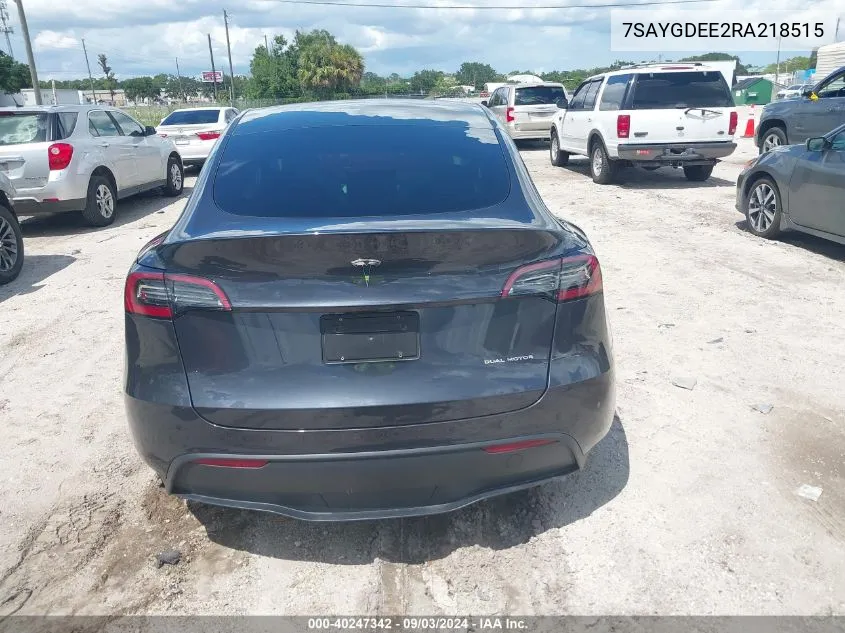 2024 Tesla Model Y Long Range Dual Motor All-Wheel Drive VIN: 7SAYGDEE2RA218515 Lot: 40247342