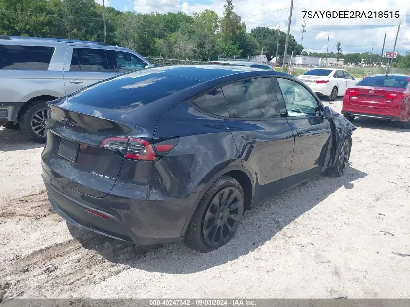 2024 Tesla Model Y Long Range Dual Motor All-Wheel Drive VIN: 7SAYGDEE2RA218515 Lot: 40247342