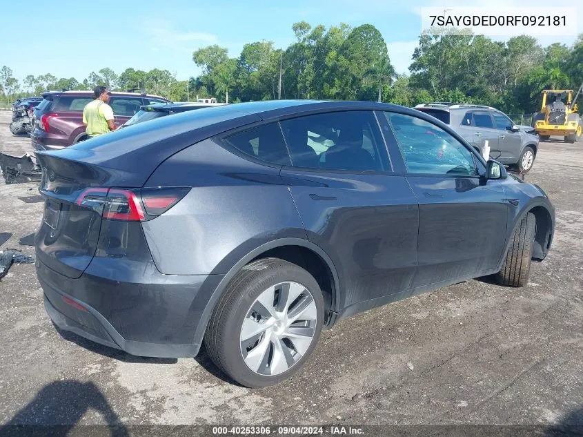 2024 Tesla Model Y Long Range Dual Motor All-Wheel Drive/Rwd VIN: 7SAYGDED0RF092181 Lot: 40253306