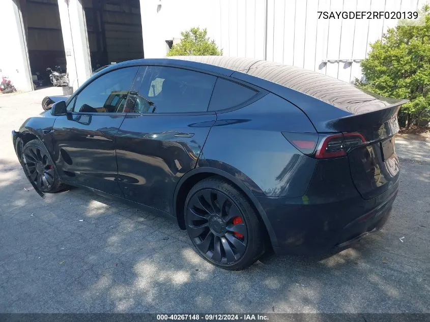 2024 Tesla Model Y Performance Dual Motor All-Wheel Drive VIN: 7SAYGDEF2RF020139 Lot: 40267148