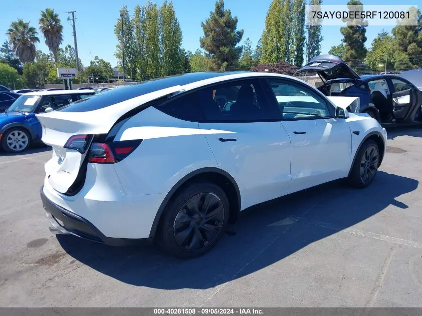 2024 Tesla Model Y Long Range Dual Motor All-Wheel Drive VIN: 7SAYGDEE5RF120081 Lot: 40281508