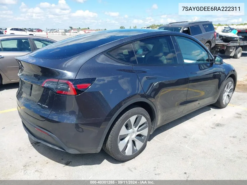 2024 Tesla Model Y Long Range Dual Motor All-Wheel Drive VIN: 7SAYGDEE6RA222311 Lot: 40301285