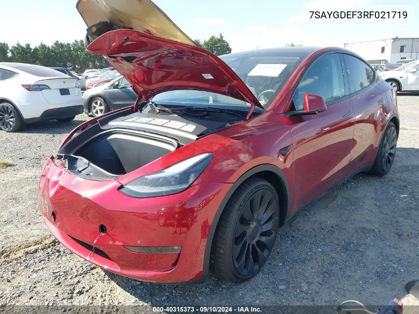 2024 Tesla Model Y Performance Dual Motor All-Wheel Drive VIN: 7SAYGDEF3RF021719 Lot: 40315373