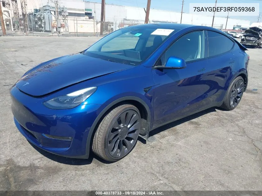 2024 Tesla Model Y Performance Dual Motor All-Wheel Drive VIN: 7SAYGDEF3RF059368 Lot: 40378733