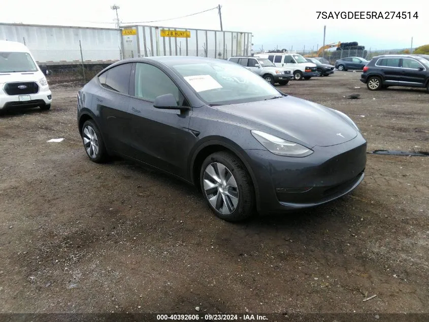 2024 Tesla Model Y Long Range Dual Motor All-Wheel Drive VIN: 7SAYGDEE5RA274514 Lot: 40392606