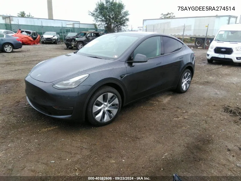 2024 Tesla Model Y Long Range Dual Motor All-Wheel Drive VIN: 7SAYGDEE5RA274514 Lot: 40392606