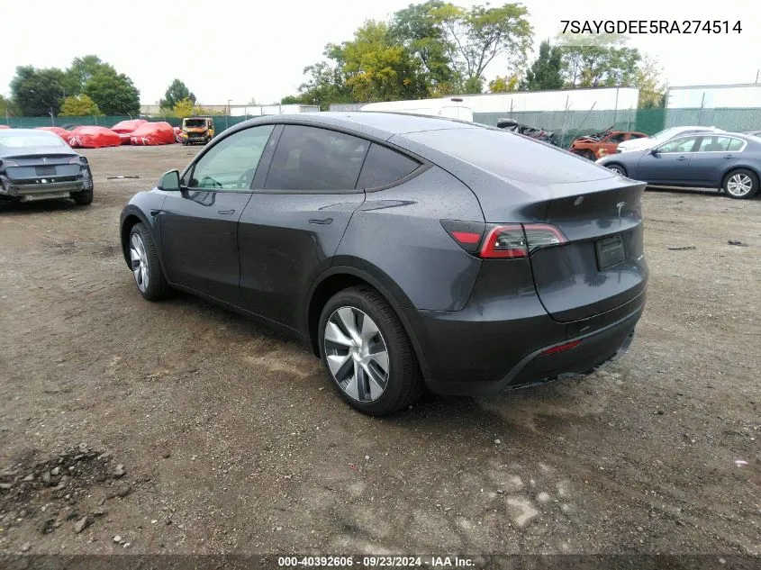 2024 Tesla Model Y Long Range Dual Motor All-Wheel Drive VIN: 7SAYGDEE5RA274514 Lot: 40392606