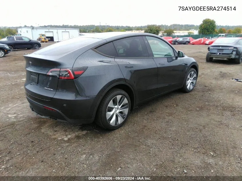 2024 Tesla Model Y Long Range Dual Motor All-Wheel Drive VIN: 7SAYGDEE5RA274514 Lot: 40392606