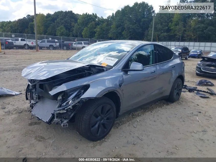 2024 Tesla Model Y Long Range Dual Motor All-Wheel Drive/Rwd VIN: 7SAYGDED5RA322617 Lot: 40393622