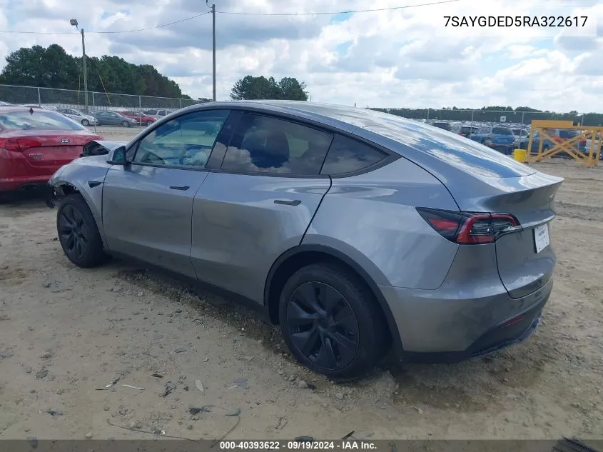 2024 Tesla Model Y Long Range Dual Motor All-Wheel Drive/Rwd VIN: 7SAYGDED5RA322617 Lot: 40393622