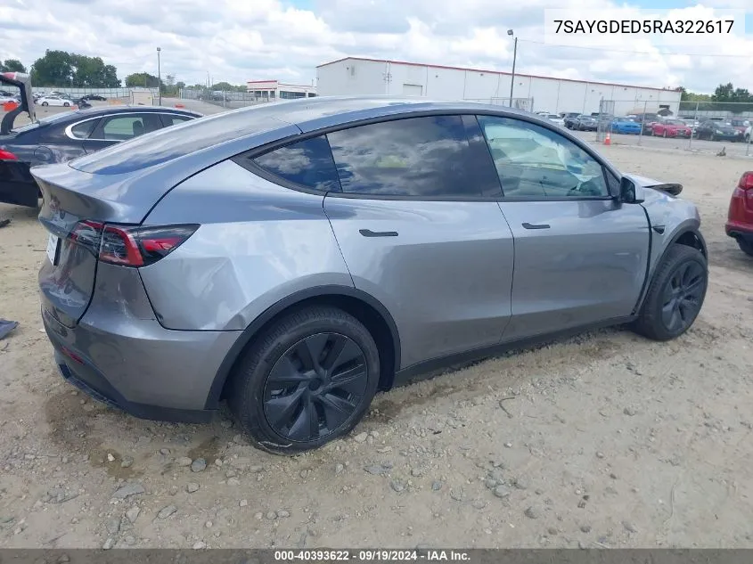 2024 Tesla Model Y Long Range Dual Motor All-Wheel Drive/Rwd VIN: 7SAYGDED5RA322617 Lot: 40393622