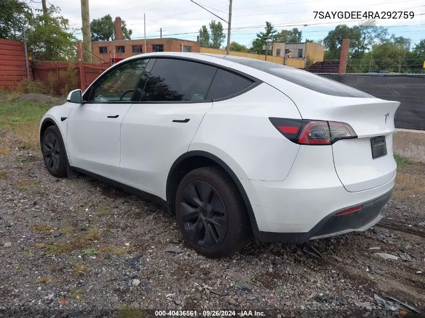 2024 Tesla Model Y VIN: 7SAYGDEE4RA292759 Lot: 40436561