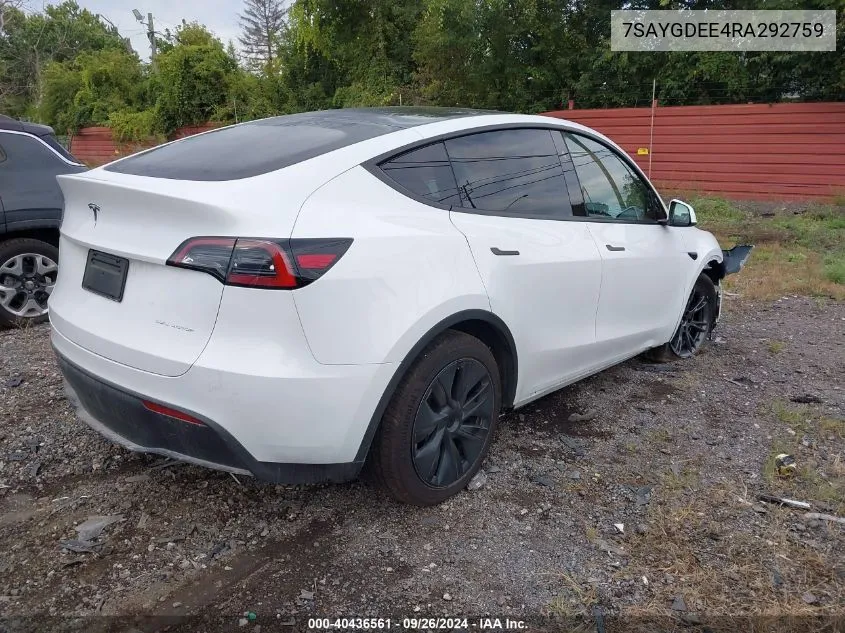 2024 Tesla Model Y VIN: 7SAYGDEE4RA292759 Lot: 40436561