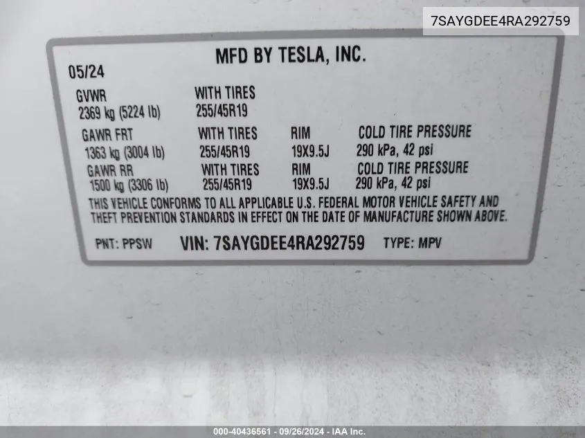 7SAYGDEE4RA292759 2024 Tesla Model Y