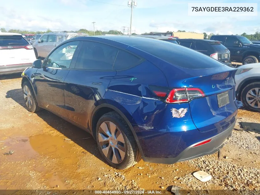 2024 Tesla Model Y Long Range Dual Motor All-Wheel Drive VIN: 7SAYGDEE3RA229362 Lot: 40454950