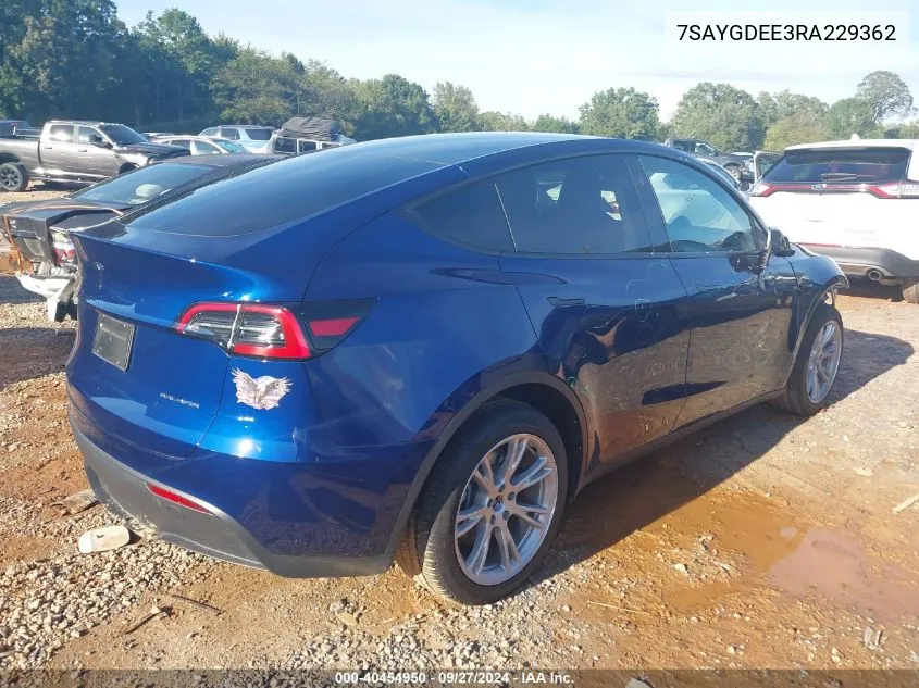 2024 Tesla Model Y Long Range Dual Motor All-Wheel Drive VIN: 7SAYGDEE3RA229362 Lot: 40454950