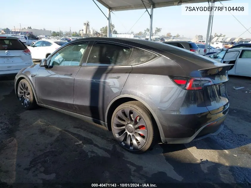 2024 Tesla Model Y VIN: 7SAYGDEF7RF104408 Lot: 40471143