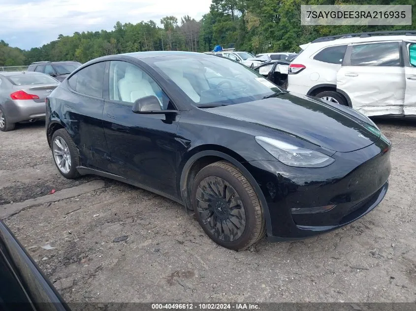 2024 Tesla Model Y Long Range Dual Motor All-Wheel Drive VIN: 7SAYGDEE3RA216935 Lot: 40496612