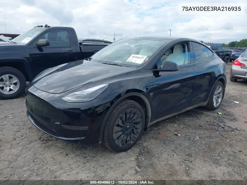 2024 Tesla Model Y Long Range Dual Motor All-Wheel Drive VIN: 7SAYGDEE3RA216935 Lot: 40496612