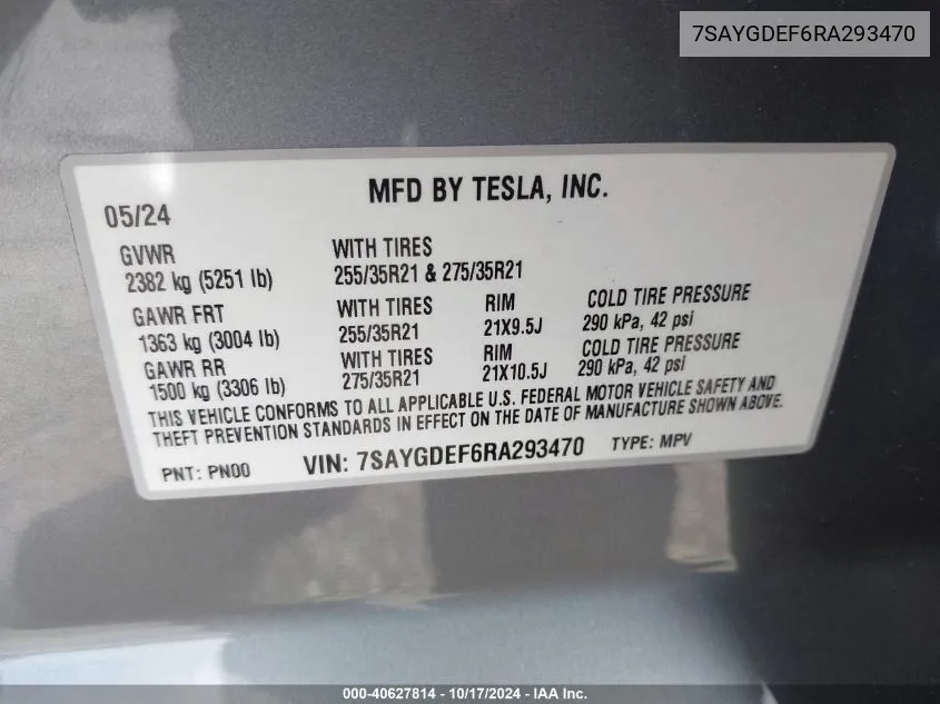 2024 Tesla Model Y Performance Dual Motor All-Wheel Drive VIN: 7SAYGDEF6RA293470 Lot: 40627814