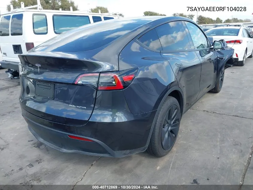 2024 Tesla Model Y Long Range Dual Motor All-Wheel Drive VIN: 7SAYGAEE0RF104028 Lot: 40712869