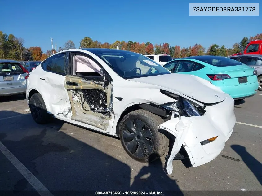 2024 Tesla Model Y Long Range Dual Motor All-Wheel Drive/Rwd VIN: 7SAYGDED8RA331778 Lot: 40716650