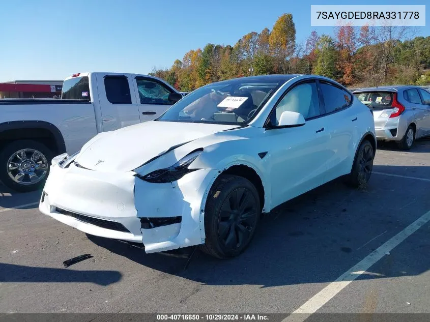 2024 Tesla Model Y Long Range Dual Motor All-Wheel Drive/Rwd VIN: 7SAYGDED8RA331778 Lot: 40716650