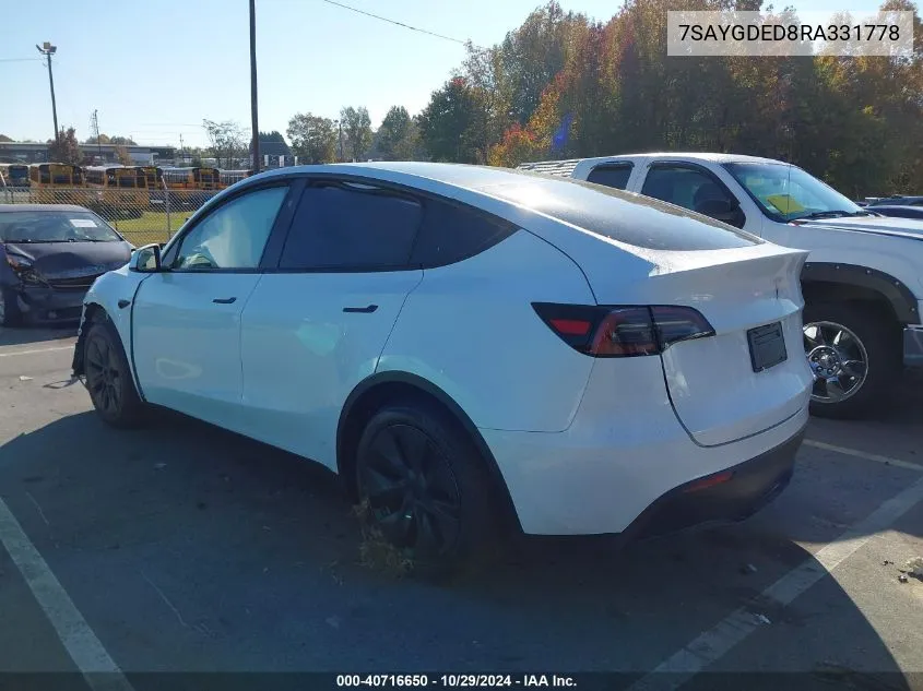 2024 Tesla Model Y Long Range Dual Motor All-Wheel Drive/Rwd VIN: 7SAYGDED8RA331778 Lot: 40716650