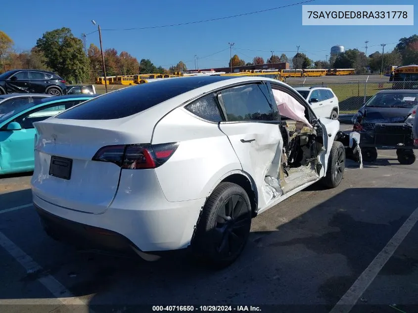 2024 Tesla Model Y Long Range Dual Motor All-Wheel Drive/Rwd VIN: 7SAYGDED8RA331778 Lot: 40716650