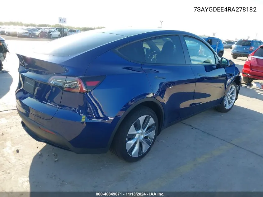 2024 Tesla Model Y Long Range Dual Motor All-Wheel Drive VIN: 7SAYGDEE4RA278182 Lot: 40849671