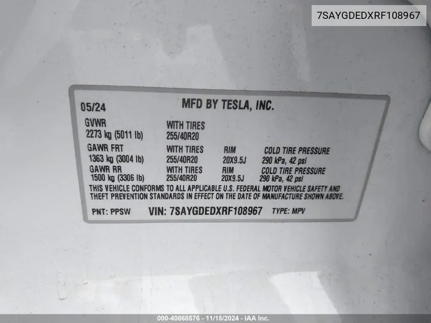 2024 Tesla Model Y Long Range Dual Motor All-Wheel Drive/Rwd VIN: 7SAYGDEDXRF108967 Lot: 40868576