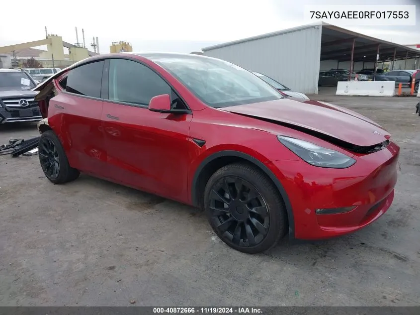 2024 Tesla Model Y Long Range Dual Motor All-Wheel Drive VIN: 7SAYGAEE0RF017553 Lot: 40872666