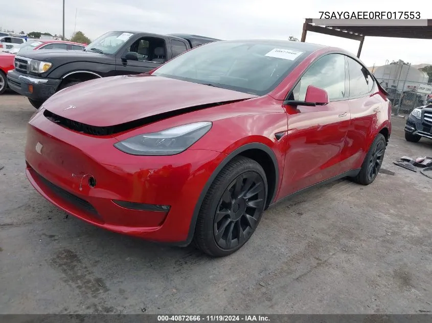 2024 Tesla Model Y Long Range Dual Motor All-Wheel Drive VIN: 7SAYGAEE0RF017553 Lot: 40872666