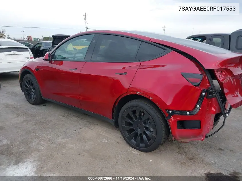 2024 Tesla Model Y Long Range Dual Motor All-Wheel Drive VIN: 7SAYGAEE0RF017553 Lot: 40872666