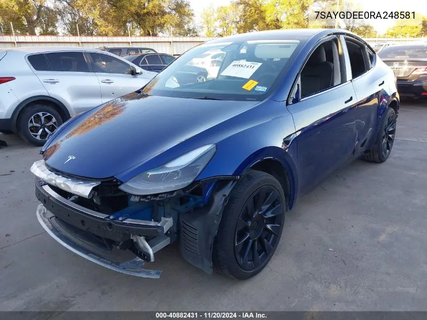 2024 Tesla Model Y Long Range Dual Motor All-Wheel Drive VIN: 7SAYGDEE0RA248581 Lot: 40882431