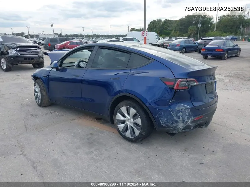 2024 Tesla Model Y Long Range Dual Motor All-Wheel Drive VIN: 7SAYGDEE8RA252538 Lot: 40906299