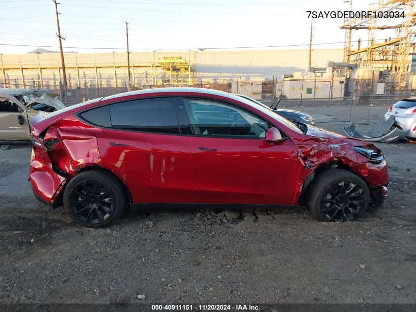 2024 Tesla Model Y Long Range Dual Motor All-Wheel Drive/Rwd VIN: 7SAYGDED0RF103034 Lot: 40911151