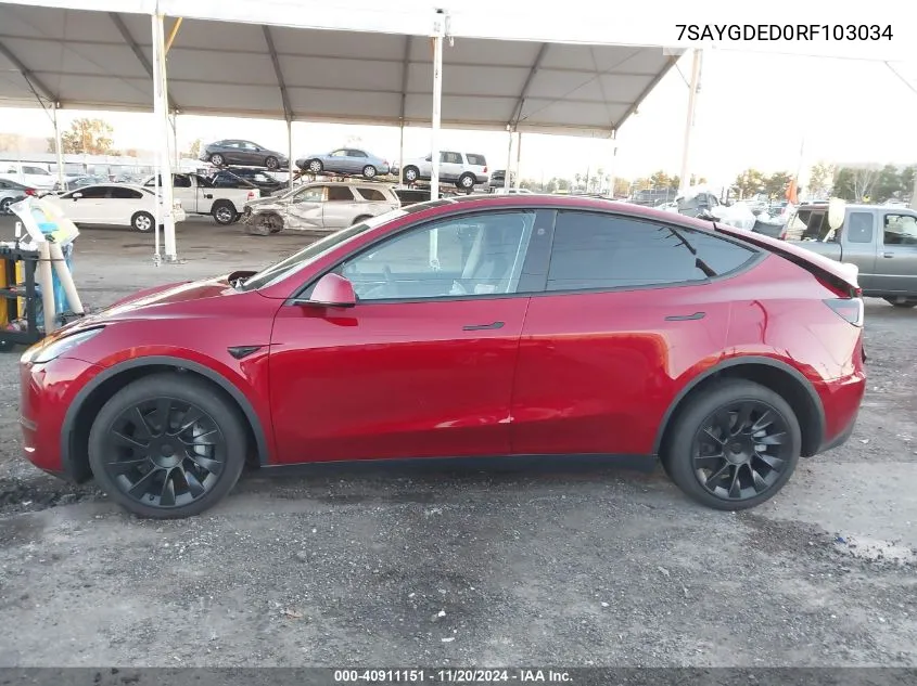 2024 Tesla Model Y Long Range Dual Motor All-Wheel Drive/Rwd VIN: 7SAYGDED0RF103034 Lot: 40911151