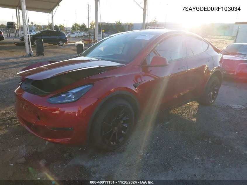 2024 Tesla Model Y Long Range Dual Motor All-Wheel Drive/Rwd VIN: 7SAYGDED0RF103034 Lot: 40911151