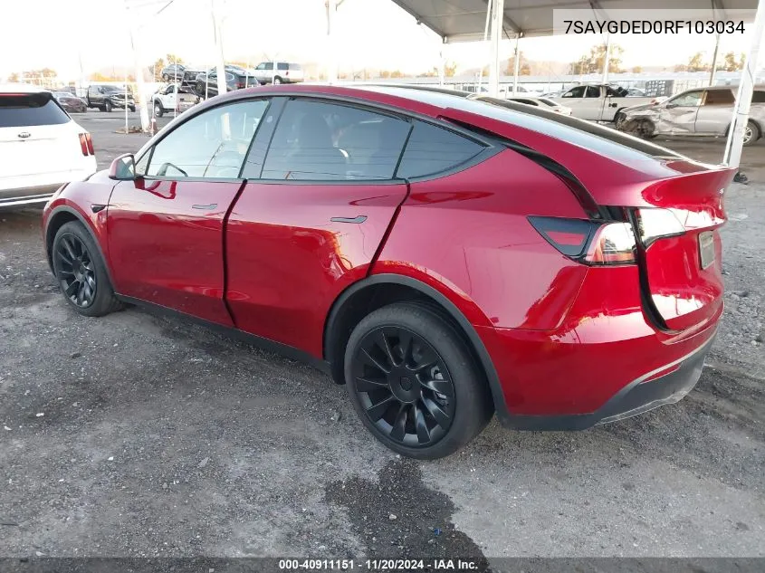 2024 Tesla Model Y Long Range Dual Motor All-Wheel Drive/Rwd VIN: 7SAYGDED0RF103034 Lot: 40911151