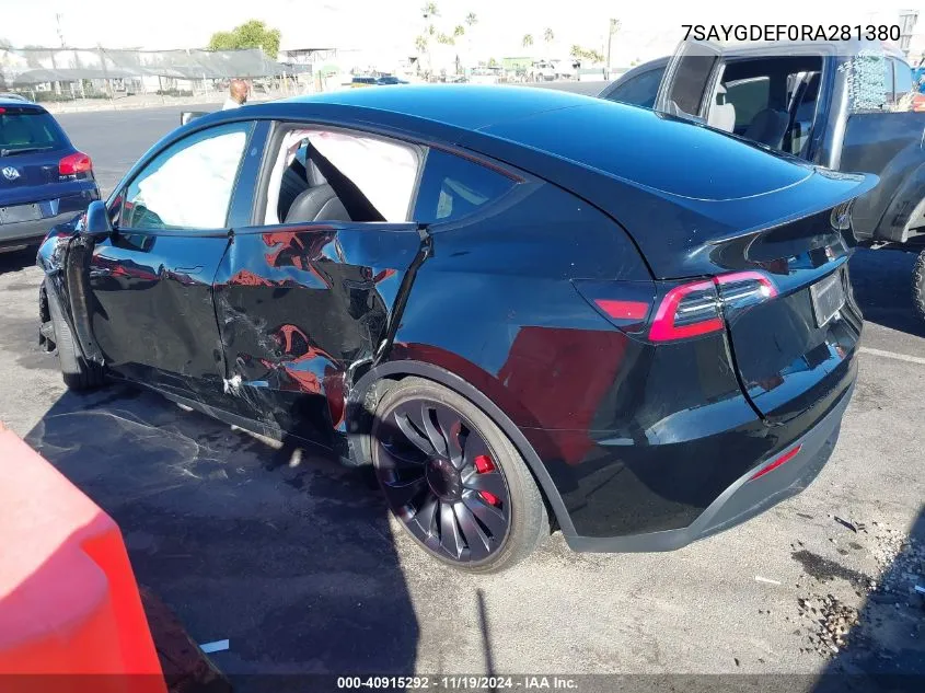 2024 Tesla Model Y Performance Dual Motor All-Wheel Drive VIN: 7SAYGDEF0RA281380 Lot: 40915292